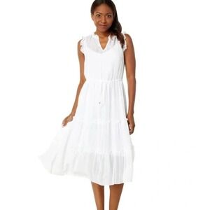 TOMMY HILFIGER WHITE GAUZE MIDI DRAWSTRING WAIST DRESS SIZE 8‎ Romantic Coquette